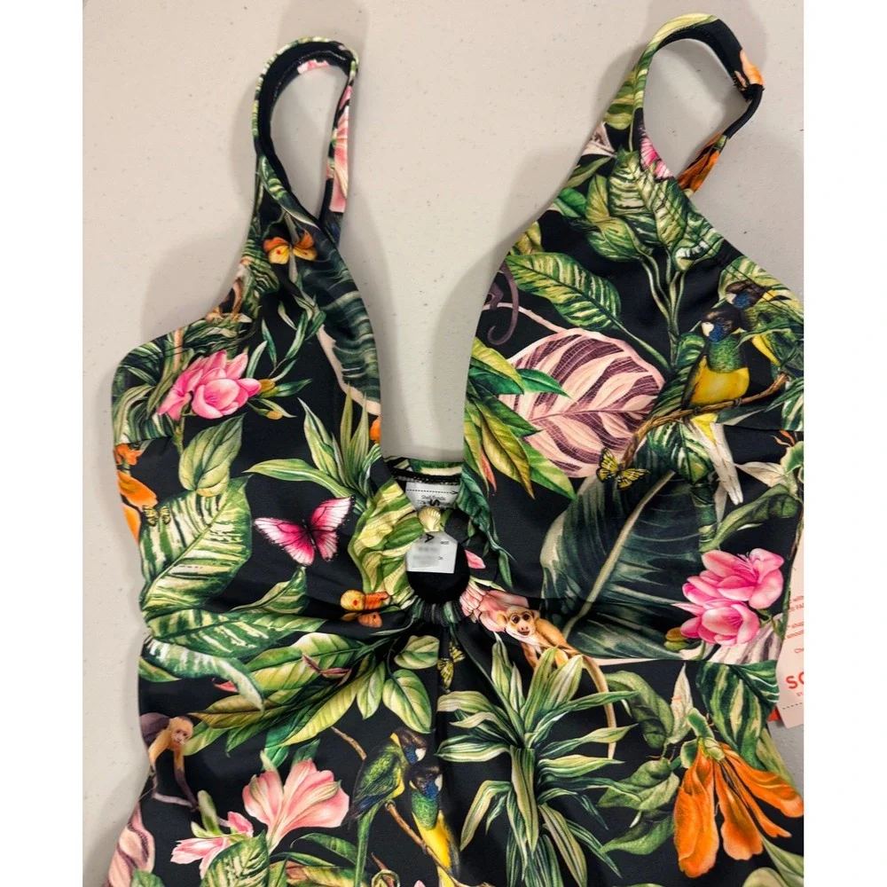 Sofia Vergara Swimsuit Women M (8-10) Black Rainforest 1pc Tropical Jungle‎ NEW